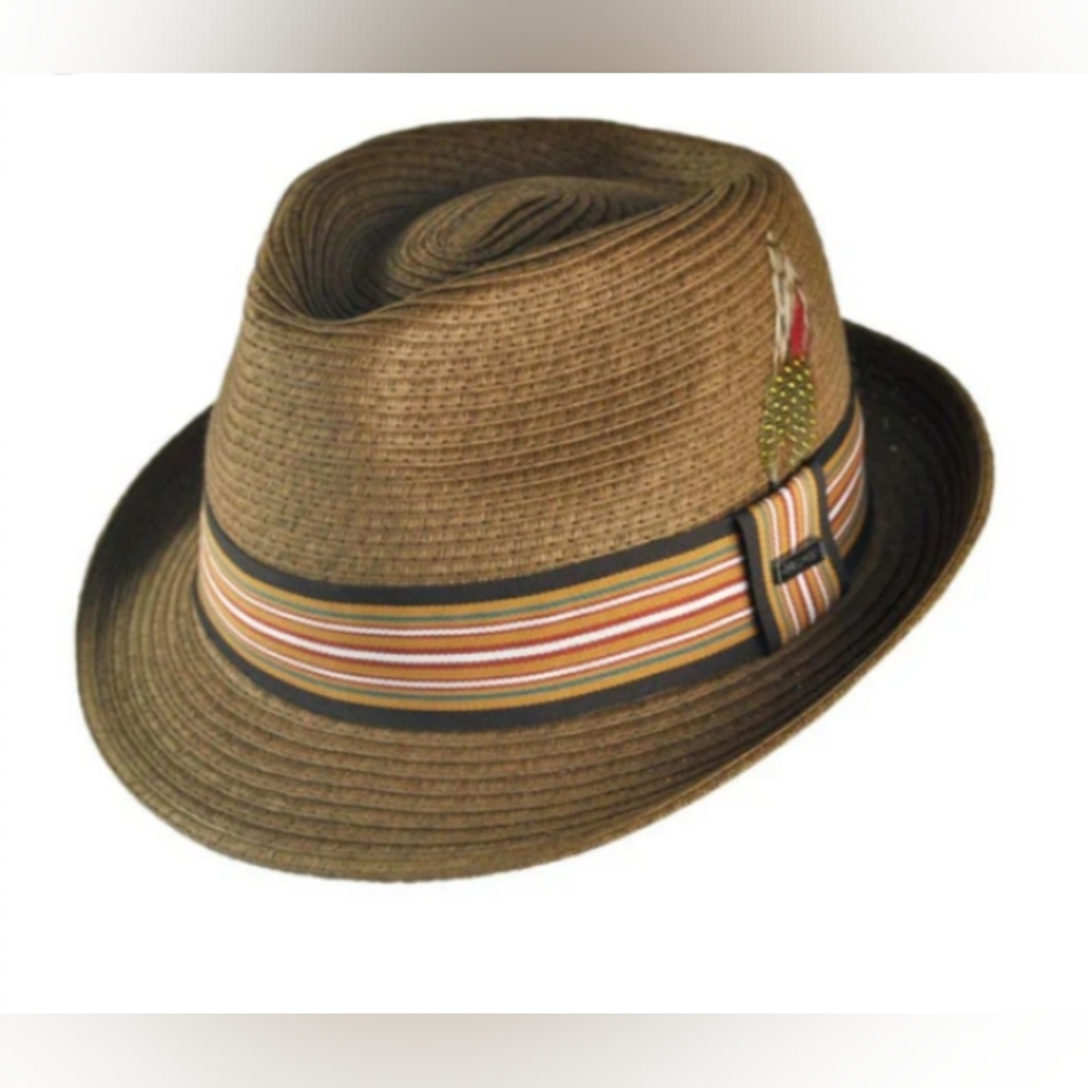 Jaxon beige fedora w/ striped band and small feather NWT